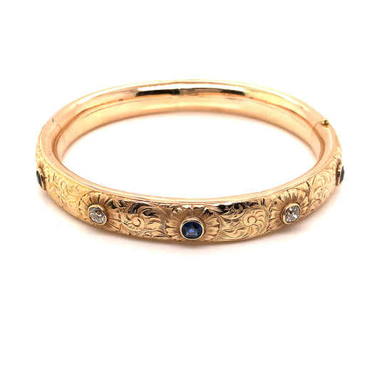 Victorian Diamond & Sapphire Bangle Bracelet in 14k Yellow Gold