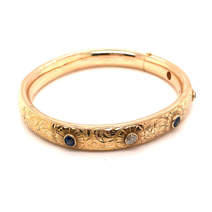 Victorian Diamond & Sapphire Bangle Bracelet in 14k Yellow Gold