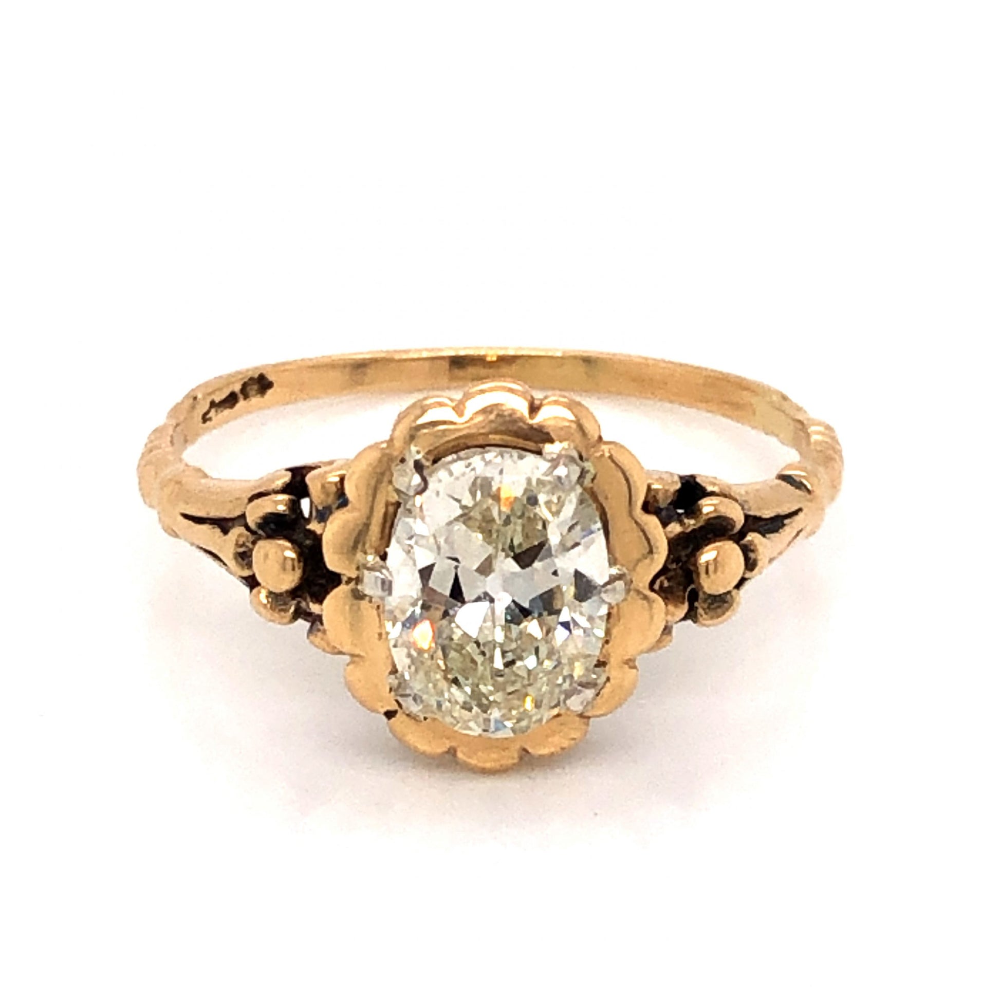 1.08 Victorian Oval Cut Diamond Engagement Ring in 14k Yellow GoldComposition: Platinum Ring Size: 7 Total Diamond Weight: 1.08ct Total Gram Weight: 2.3 g Inscription: 585, 925, LM
      