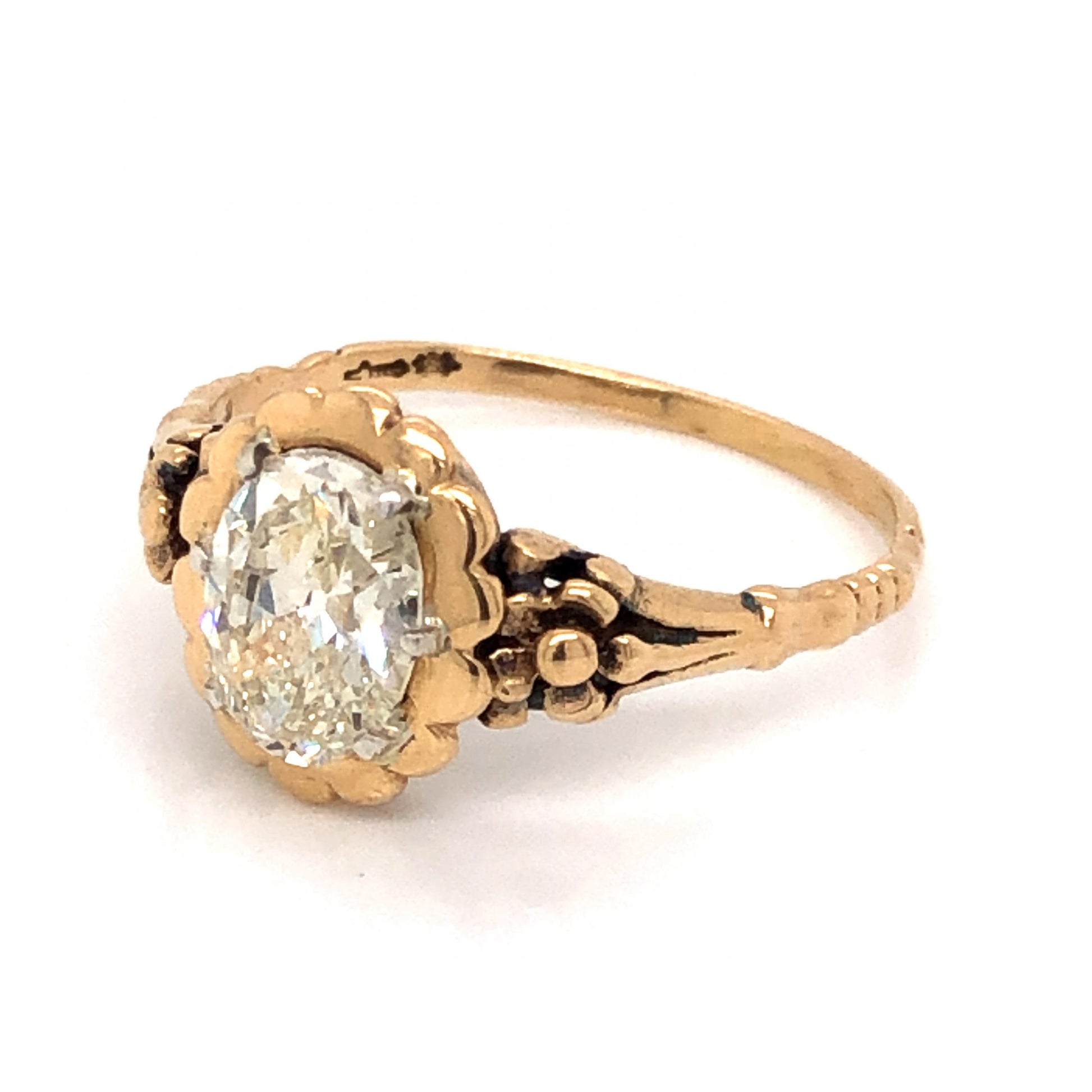 1.08 Victorian Oval Cut Diamond Engagement Ring in 14k Yellow GoldComposition: Platinum Ring Size: 7 Total Diamond Weight: 1.08ct Total Gram Weight: 2.3 g Inscription: 585, 925, LM
      