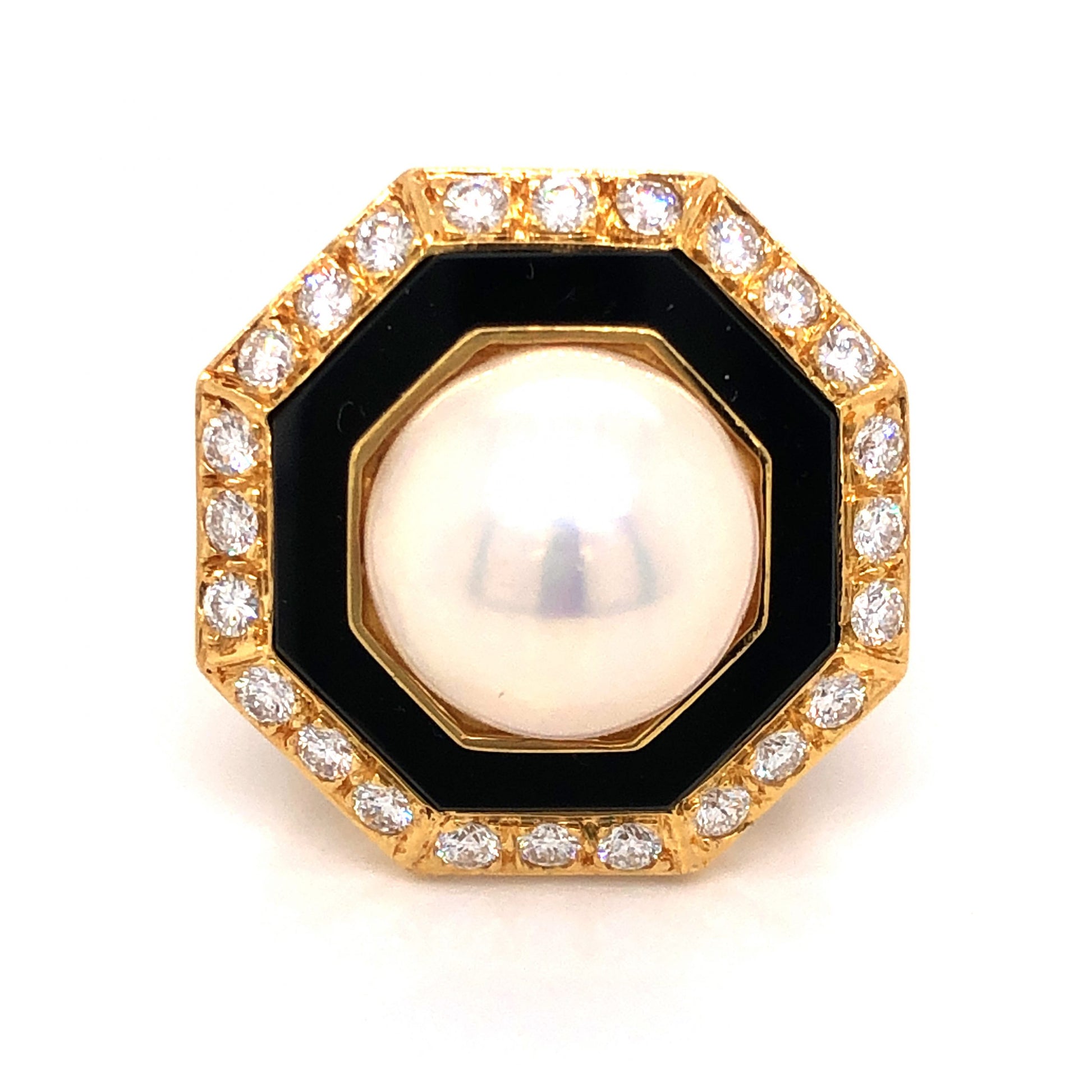 .96 Diamond & Pearl w/ Onyx Cocktail Ring 18k Yellow Gold