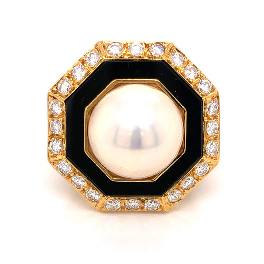 .96 Diamond & Pearl w/ Onyx Cocktail Ring 18k Yellow Gold