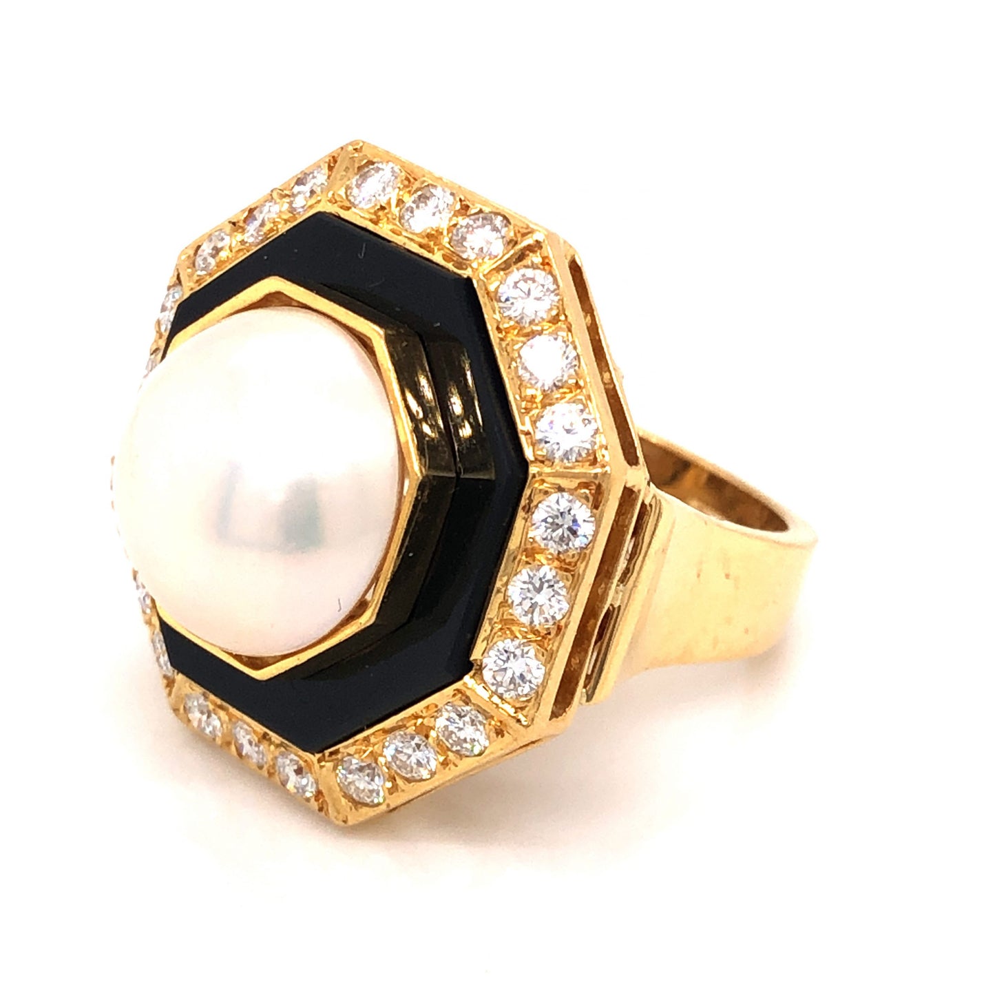 .96 Diamond & Pearl w/ Onyx Cocktail Ring 18k Yellow Gold