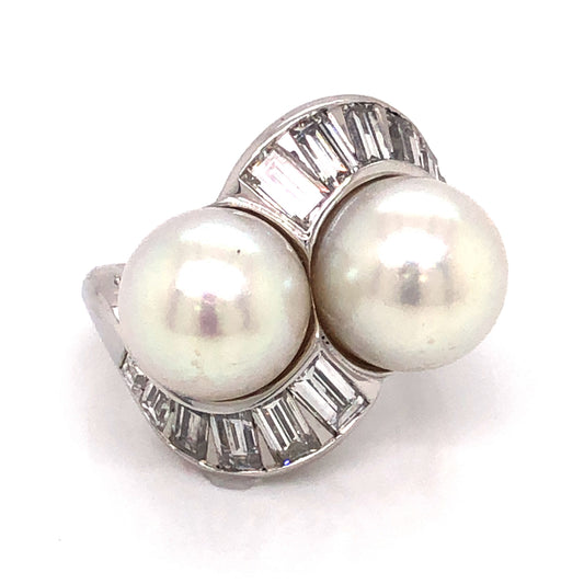 1.68 Mid-Century Diamond & Pearl Cocktail Ring in Platinum