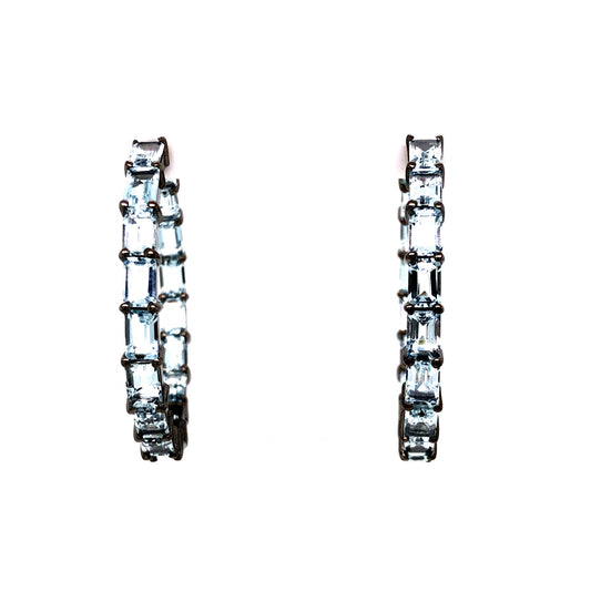 Emerald Cut Aquamarine Hoop Earrings in Sterling Silver