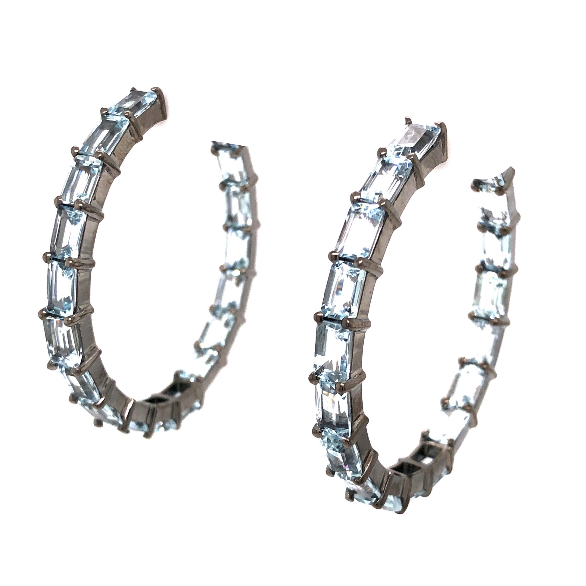 Emerald Cut Aquamarine Hoop Earrings in Sterling Silver