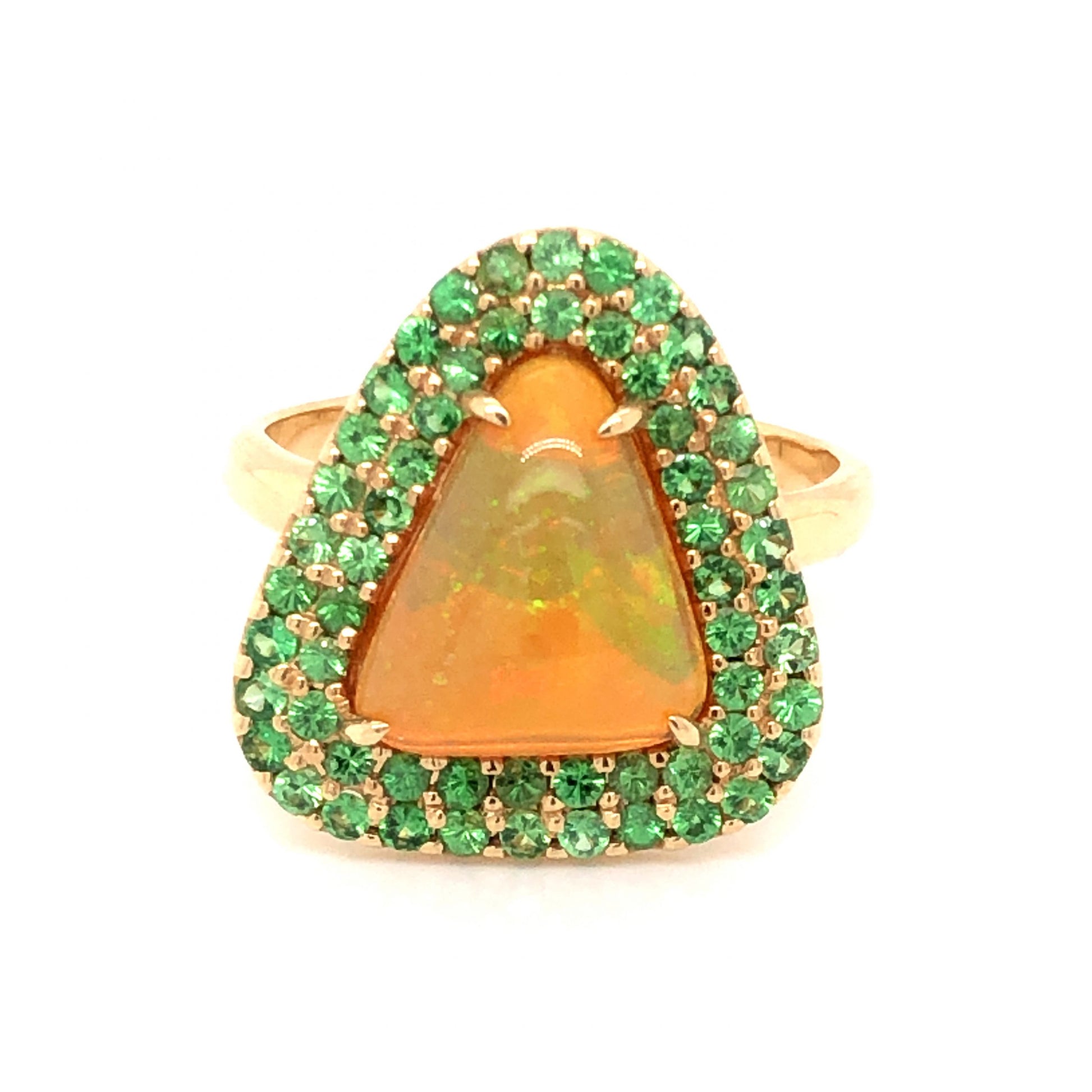 Jelly Opal & Tsavorite Garnet Cocktail Ring in 14k Yellow Gold