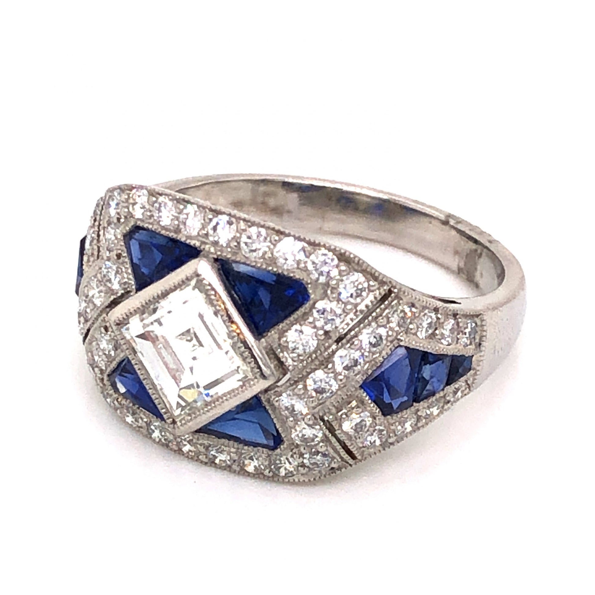1.45 Asscher Cut Diamond & Sapphire Ring in Platinum