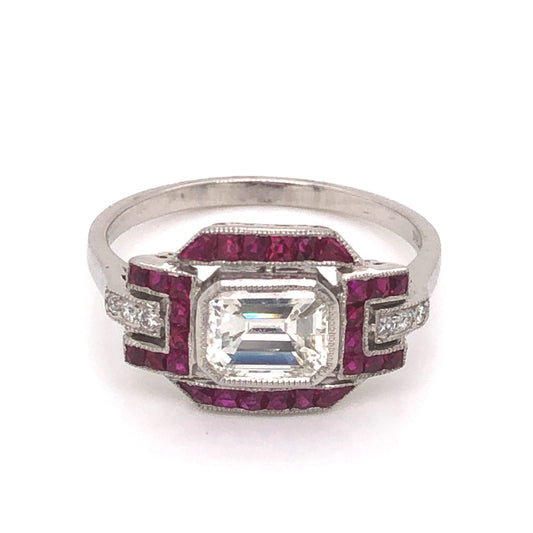 1.32 Emerald Cut Diamond & Ruby Ring in Platinum