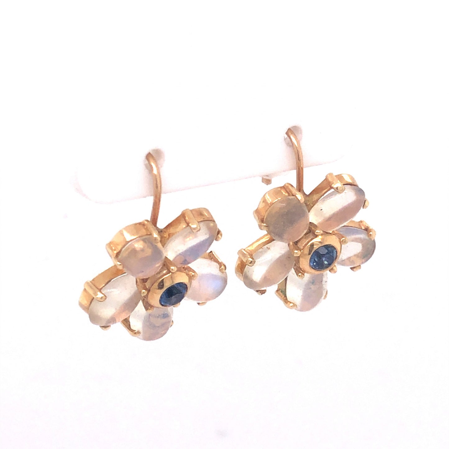 Moonstone & Sapphire Earrings in 14k Yellow Gold