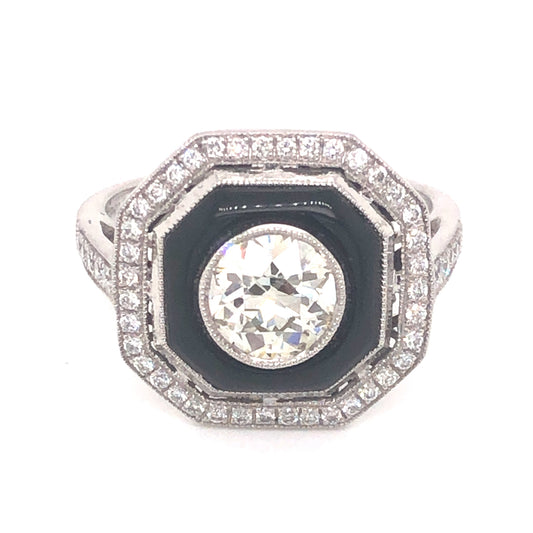 .95 Old European Cut Diamond & Onyx Cocktail Ring in Platinum