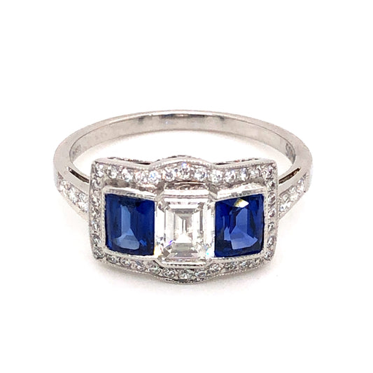 .51 Emerald Cut Diamond and Sapphire Ring in Platinum