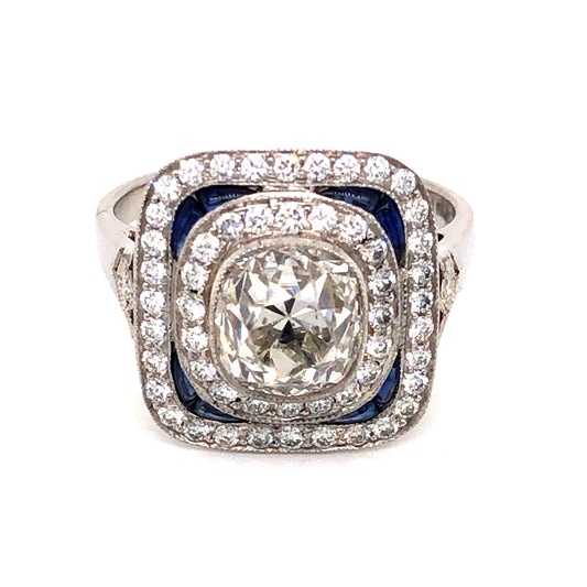 1.94 Antique European Cut Diamond & Sapphire Ring in Platinum