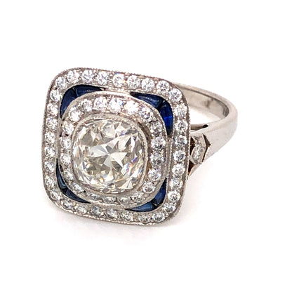 1.94 Antique European Cut Diamond & Sapphire Ring in Platinum