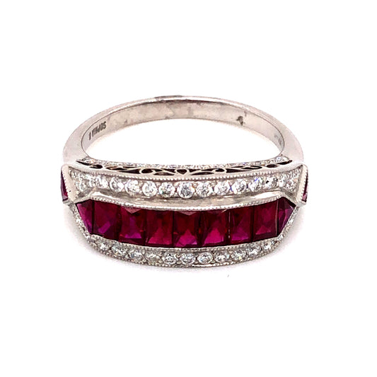 2.21 French Cut Rubies & Diamond Ring in Platinum