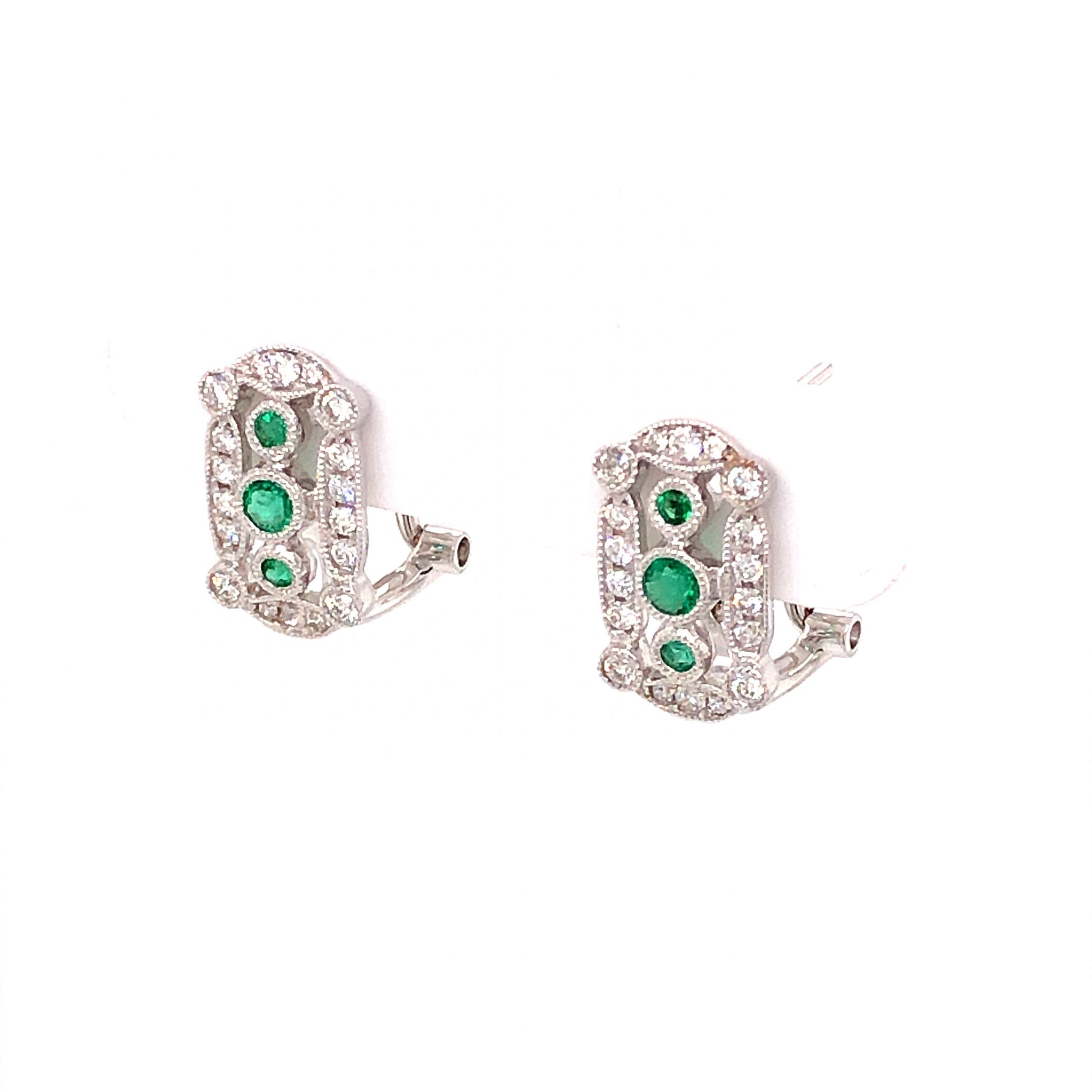 Round Cut Emerald and Diamond Stud Earrings in 18k White Gold