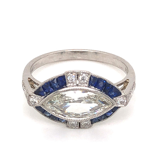 1.00 Marquise Cut Diamond & Sapphire Ring in Platinum