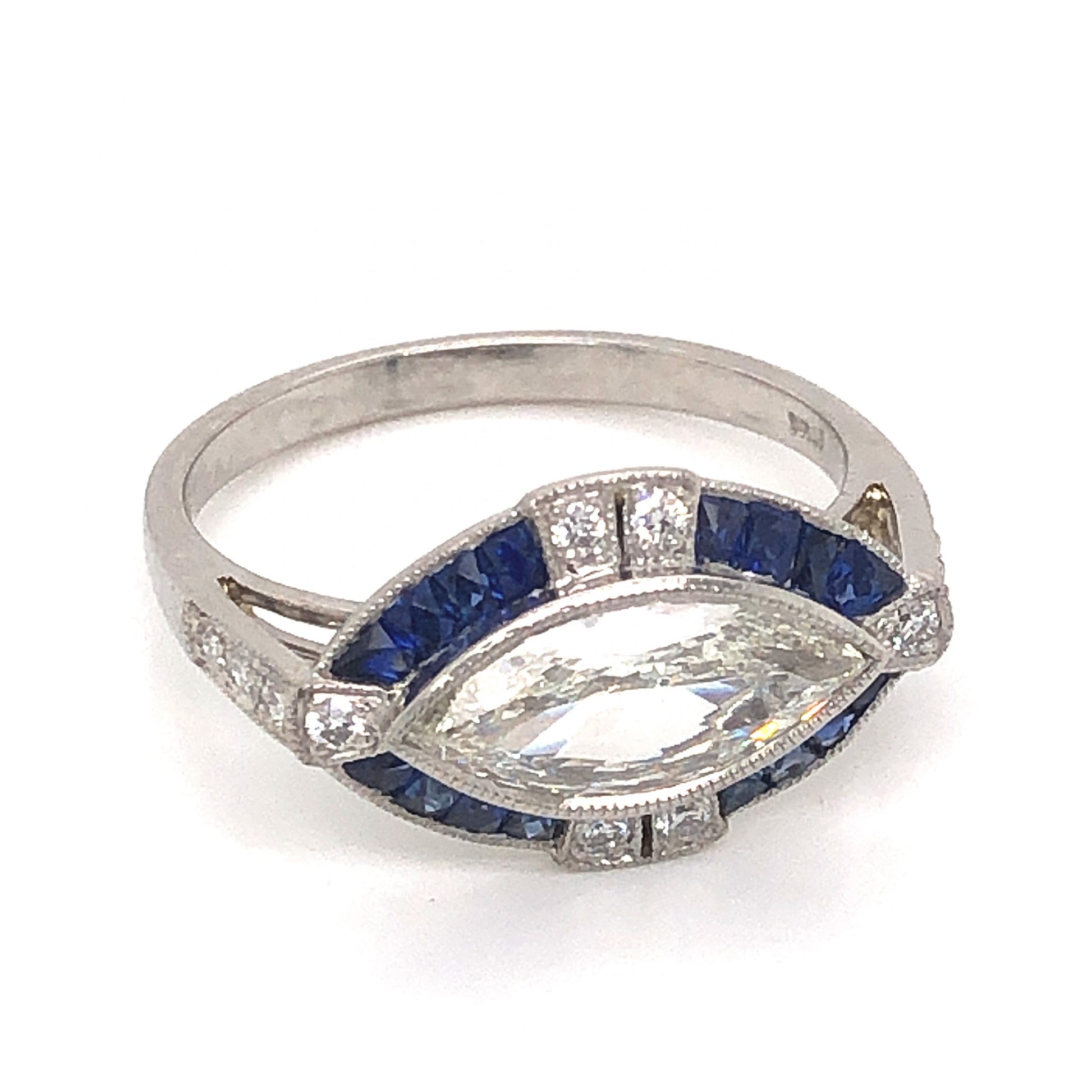 1.00 Marquise Cut Diamond & Sapphire Ring in Platinum