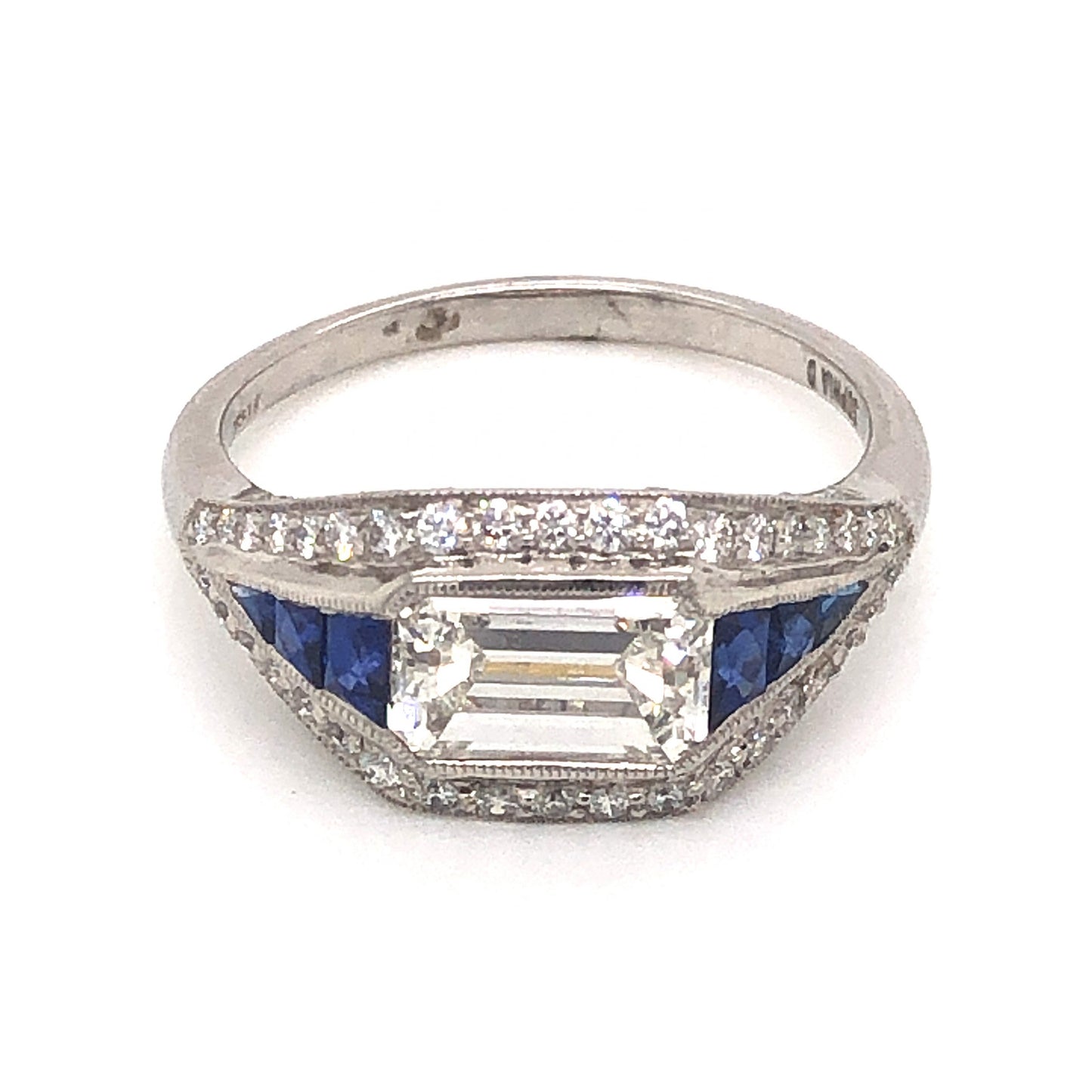 1.14 Emerald Cut Diamond & Sapphire Ring in Platinum