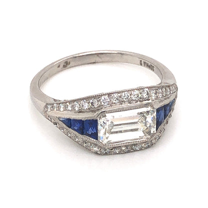 1.14 Emerald Cut Diamond & Sapphire Ring in Platinum