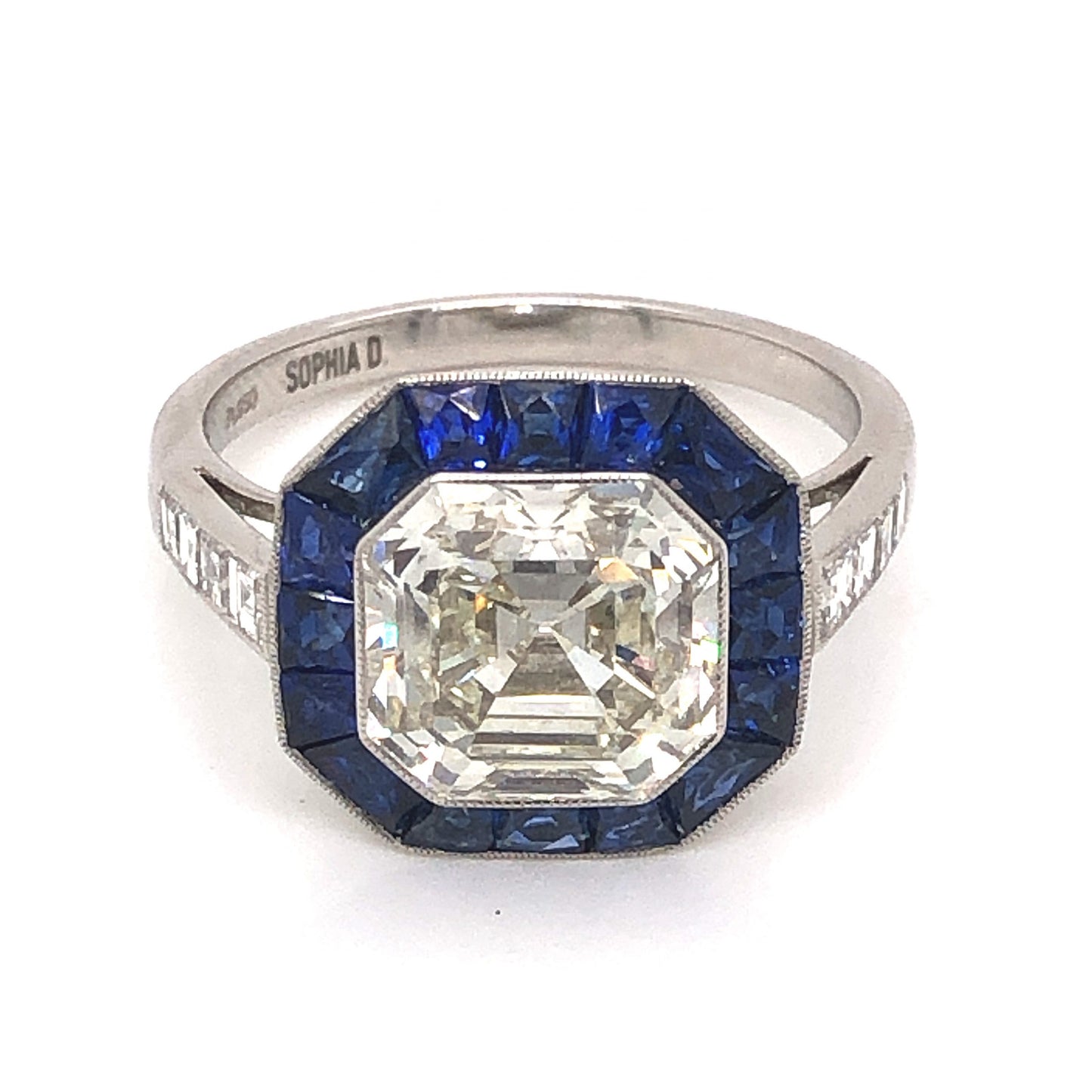 3.37 Asscher Cut Diamond & Sapphire Ring in Platinum