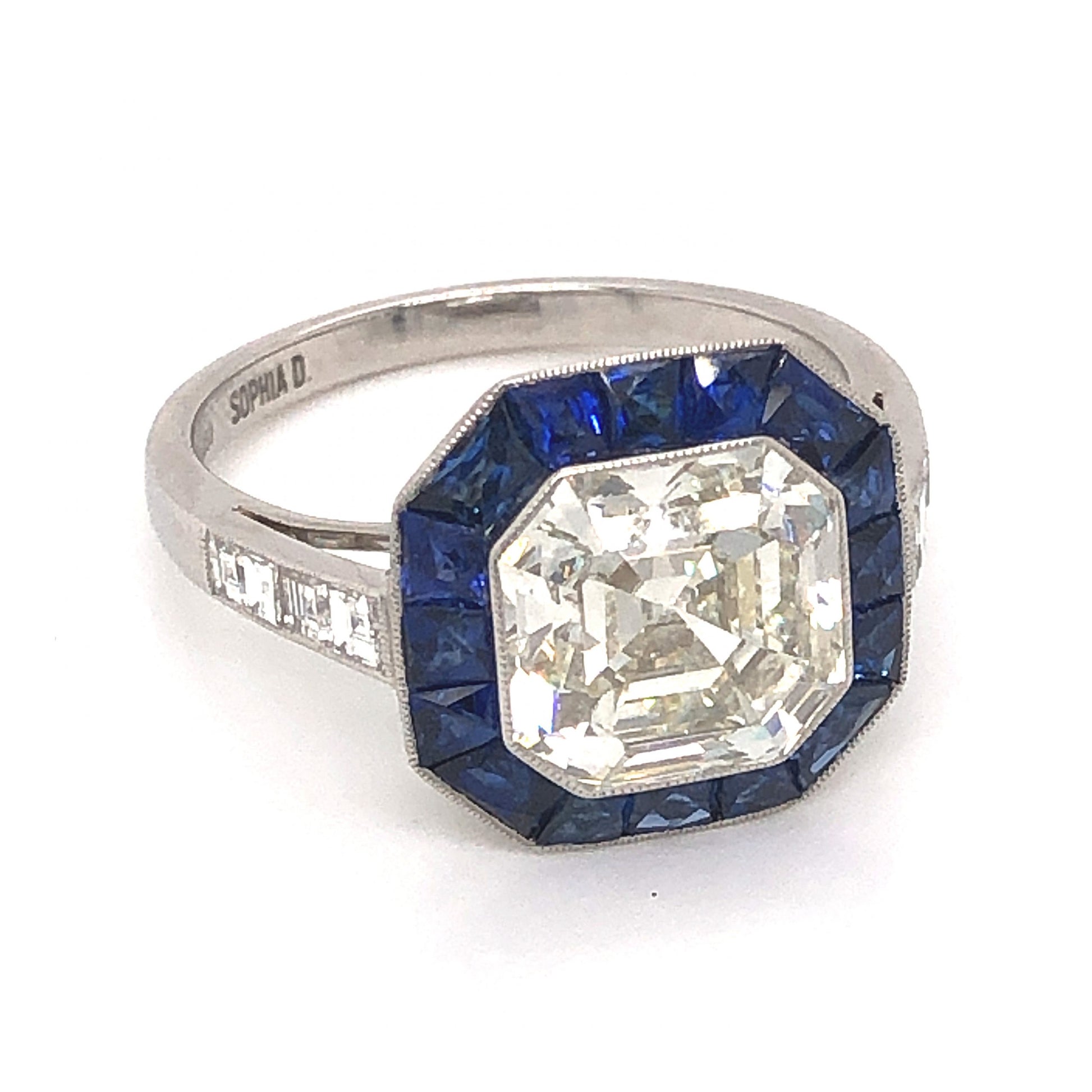 3.37 Asscher Cut Diamond & Sapphire Ring in Platinum