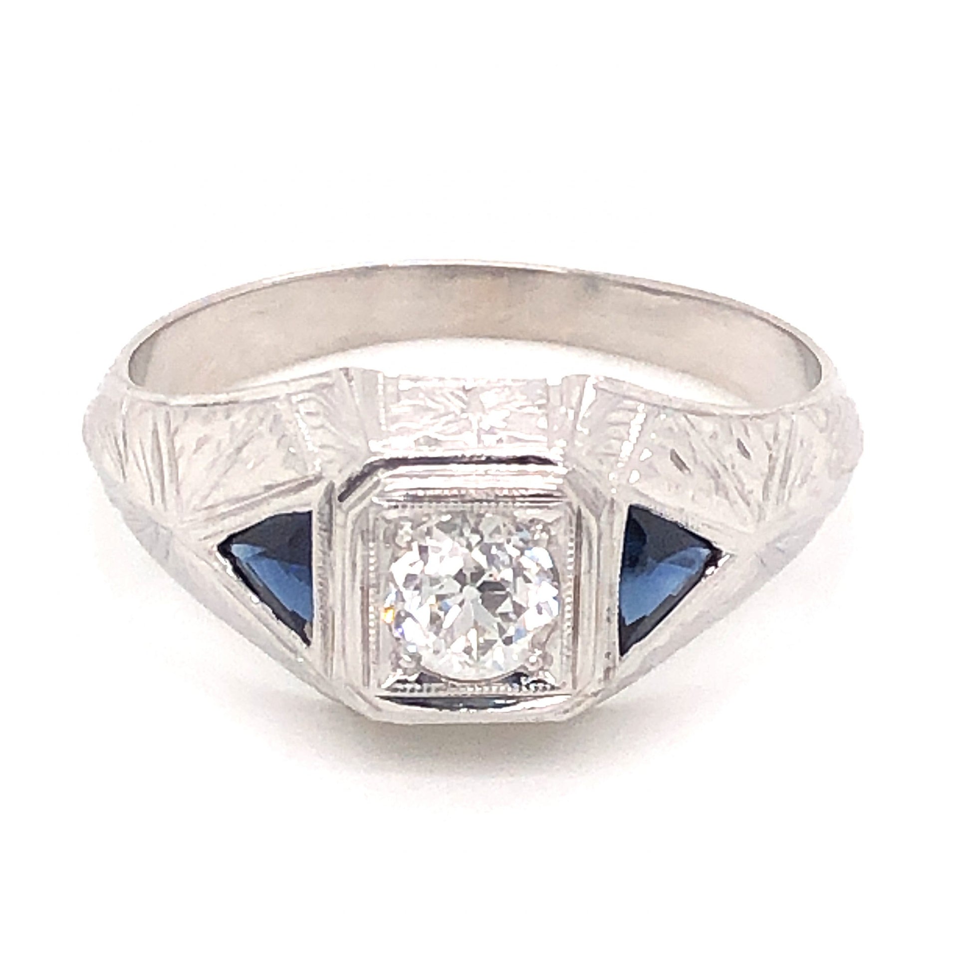 Art Deco Men's Diamond Sapphire Ring in 18k White Gold