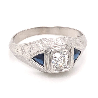 Art Deco Men's Diamond & Sapphire Ring in 18k White Gold