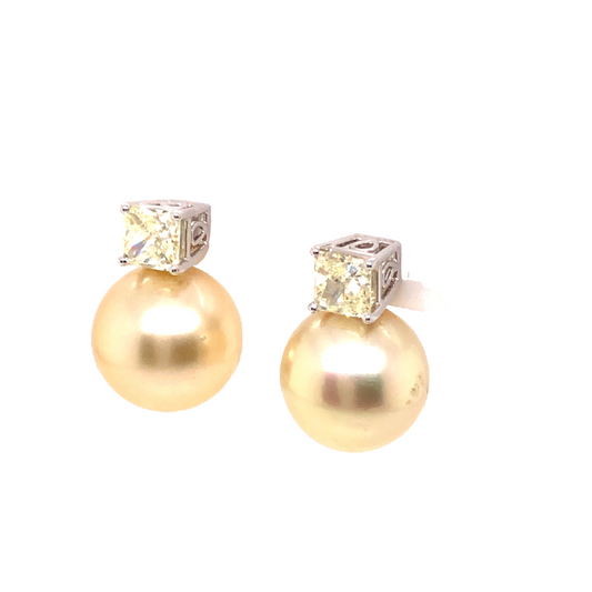 1.04 Fancy Light Yellow Diamond & Pearl Earrings in Platinum