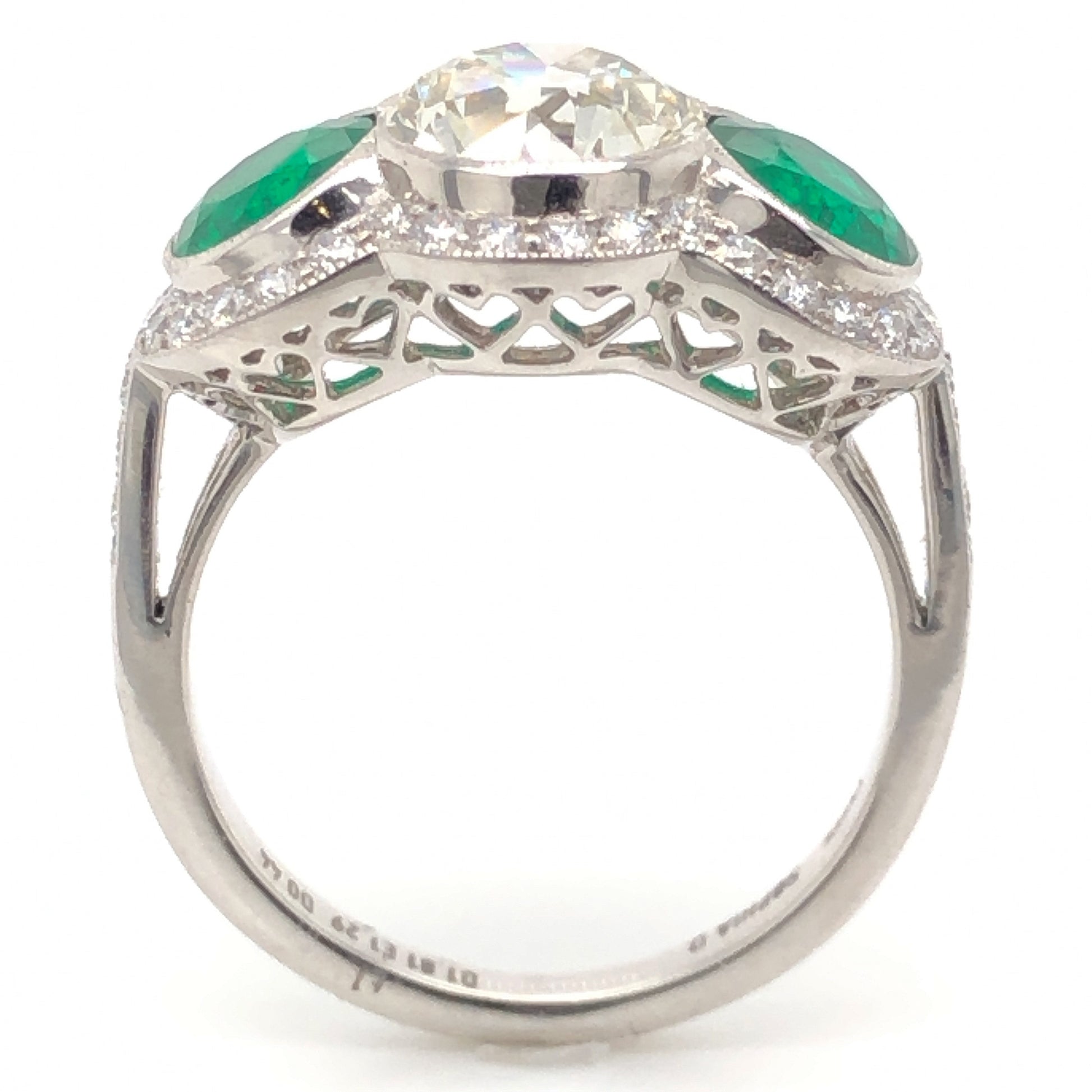 1.81 Diamond & Emerald Three Stone Ring in Platinum