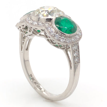 1.81 Diamond & Emerald Three Stone Ring in Platinum