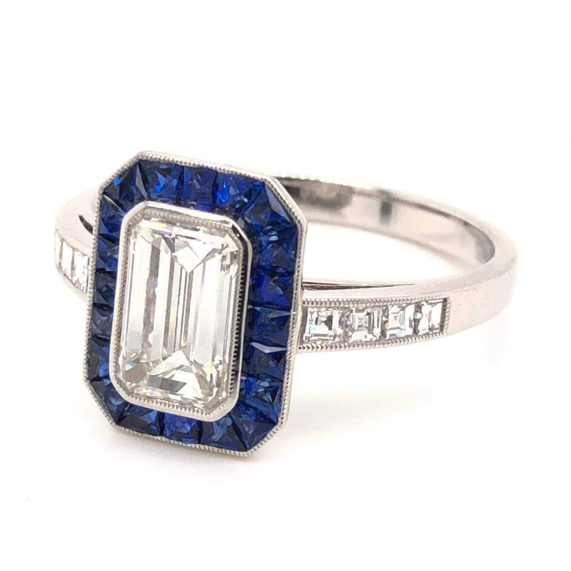1.06 Emerald Cut Diamond & Sapphire Ring in Platinum