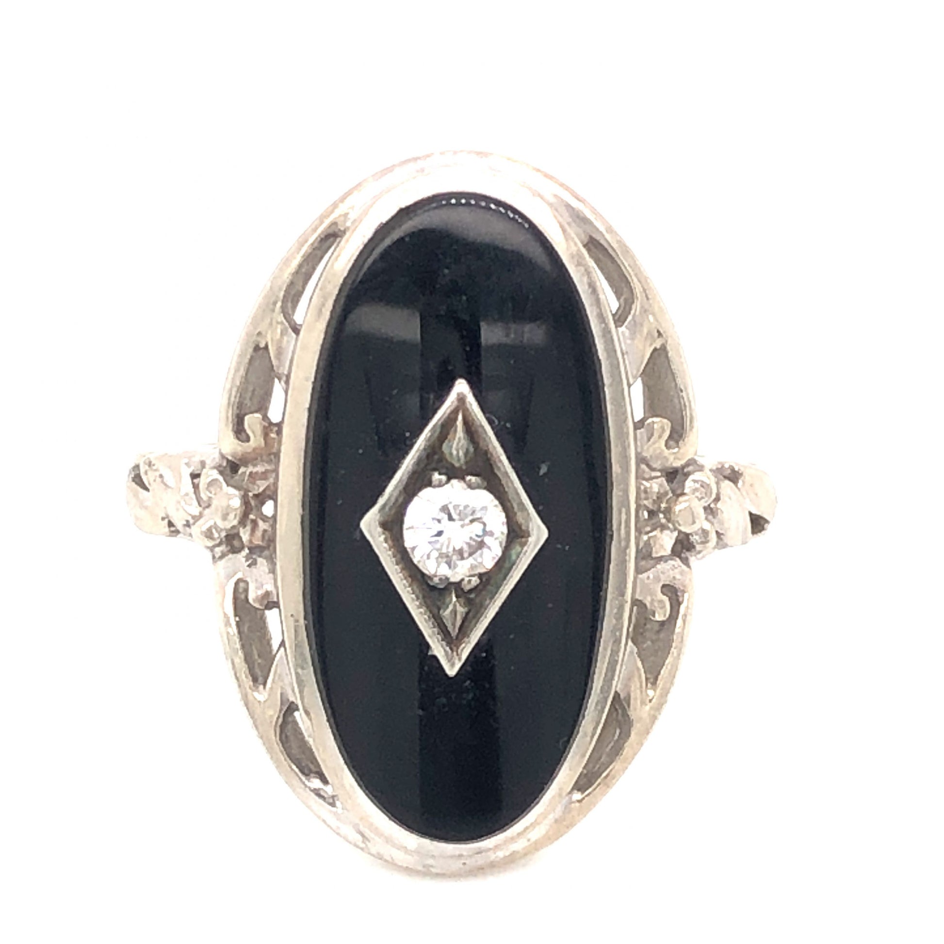 Art Deco .12 Diamond & Onyx Ring in 14k White Gold
