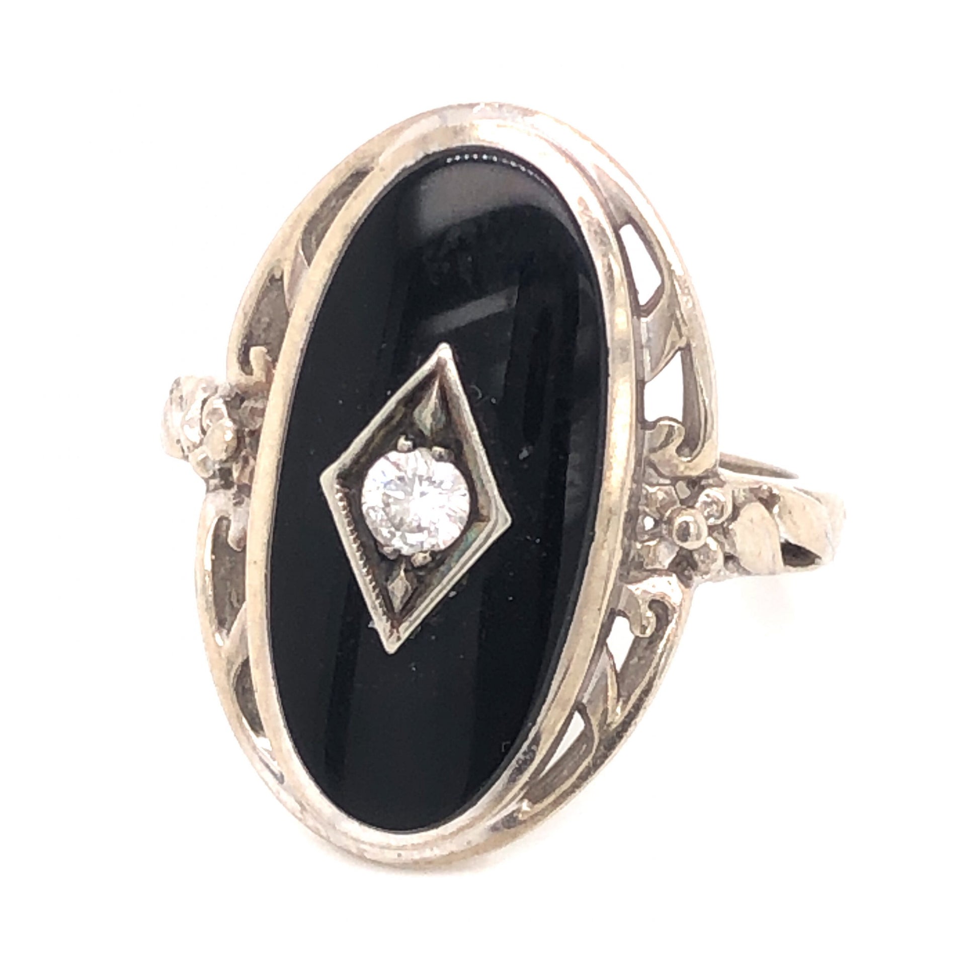 Art Deco .12 Diamond & Onyx Ring in 14k White Gold