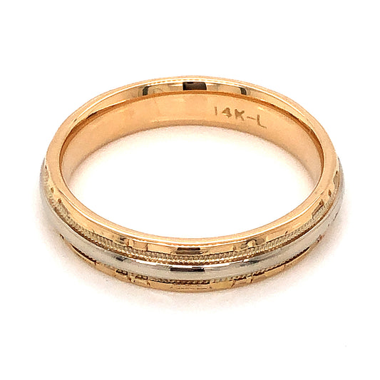 Vintage Two-Tone Engraved Milgrain Wedding Band in 14K