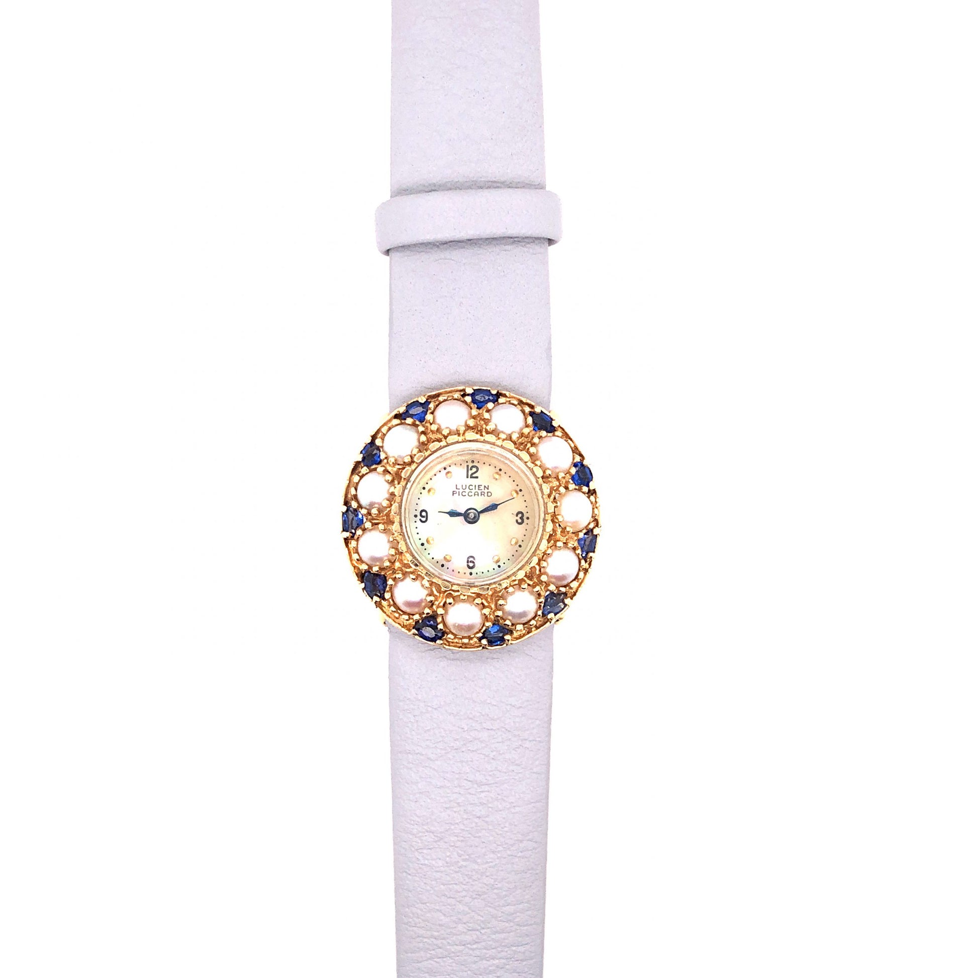 Vintage Lucien Piccard Sapphire & Pearl Watch in 14k Yellow Gold