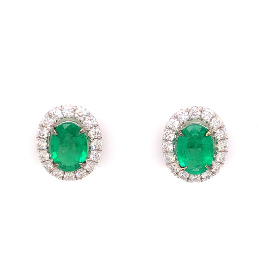 1.14 Oval Cut Emerald & Diamond Stud Earrings in 18k White Gold