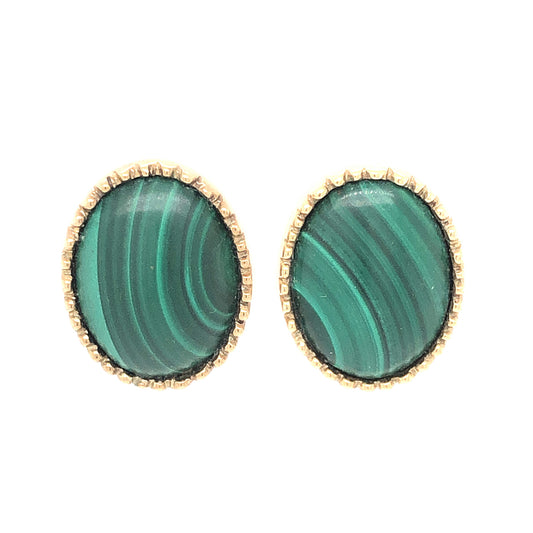 Oval Cut Cabochon Malachite Earrings in 14k Yellow Gold