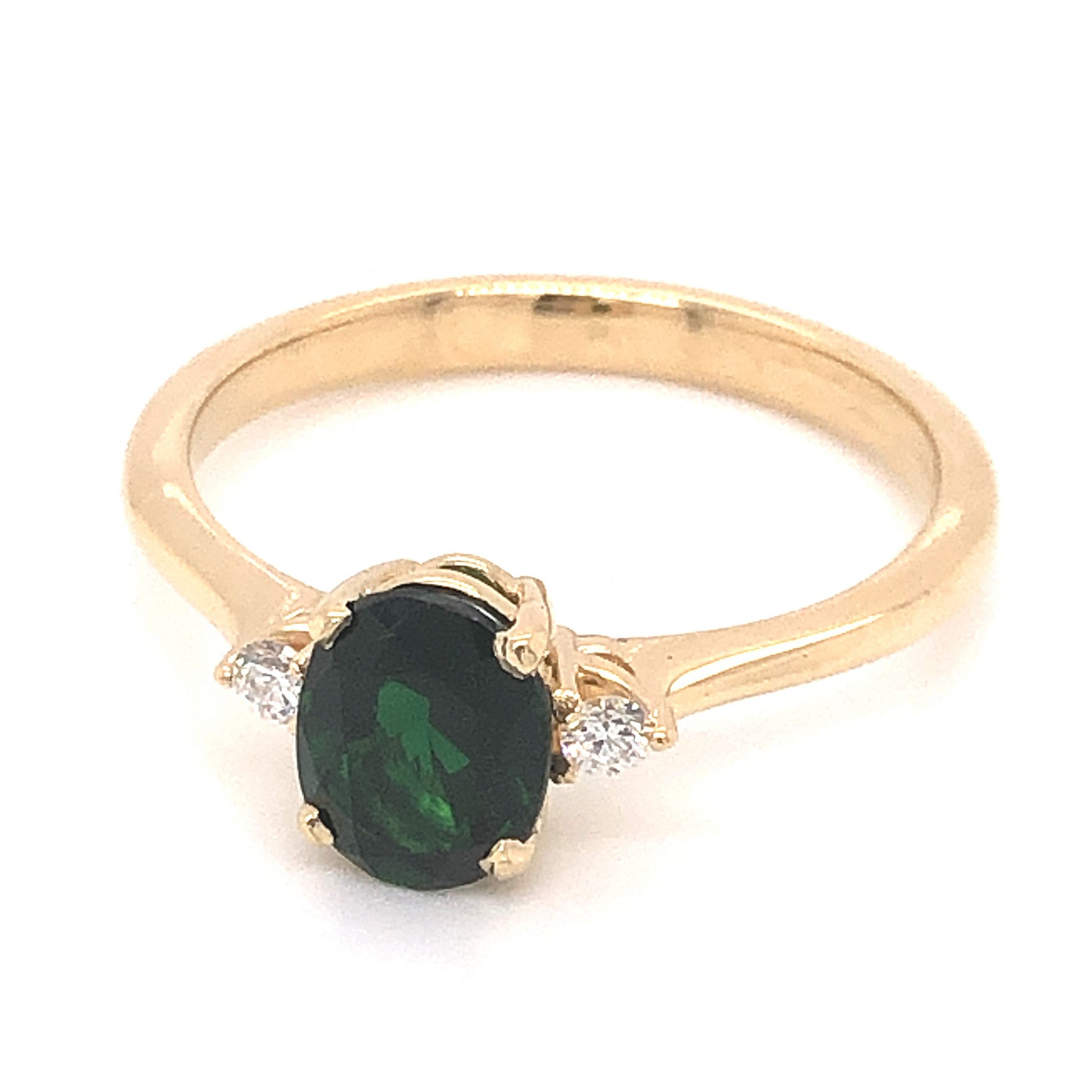 1.02 Oval Cut Tourmaline & Diamond Ring in 14k Yellow GoldComposition: PlatinumRing Size: 7Total Diamond Weight: .08 ctTotal Gram Weight: 2.5 gInscription: 14k
