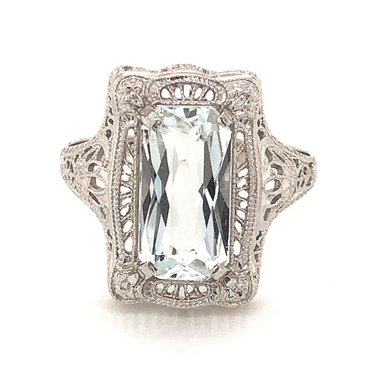 1.90 Emerald Cut Aquamarine Filigree Ring in 14k White Gold