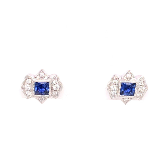 .34 Square Cut Sapphire & Diamond Stud Earrings in 18k White Gold