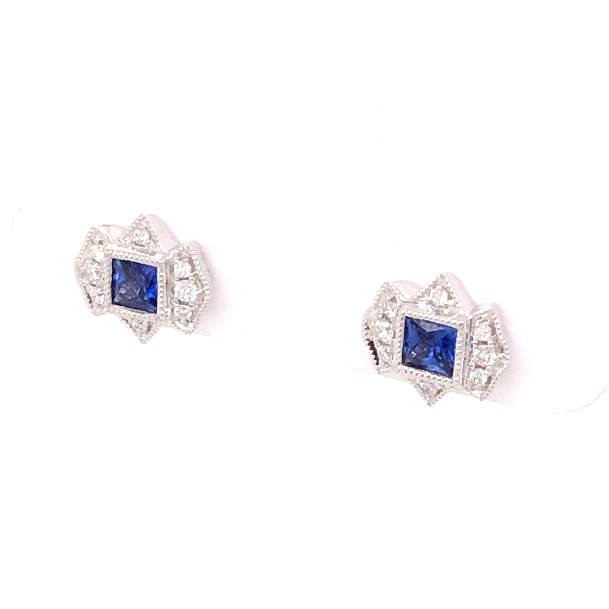 .34 Square Cut Sapphire & Diamond Stud Earrings in 18k White Gold