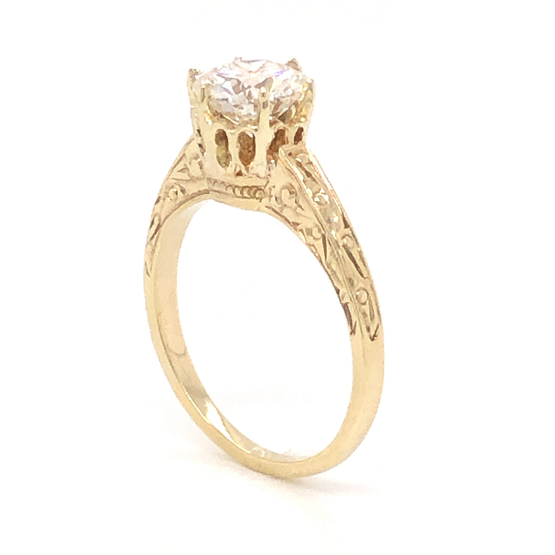 Late Art Deco 1.23 Diamond Engagement Ring in 14k Yellow GoldComposition: Platinum Ring Size: 6 Total Diamond Weight: 1.23ct Total Gram Weight: 2.7 g Inscription: B.L.
      
