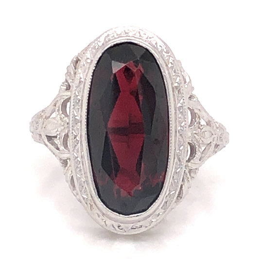 Art Deco Oval Garnet Cocktail Ring in 14k White Gold