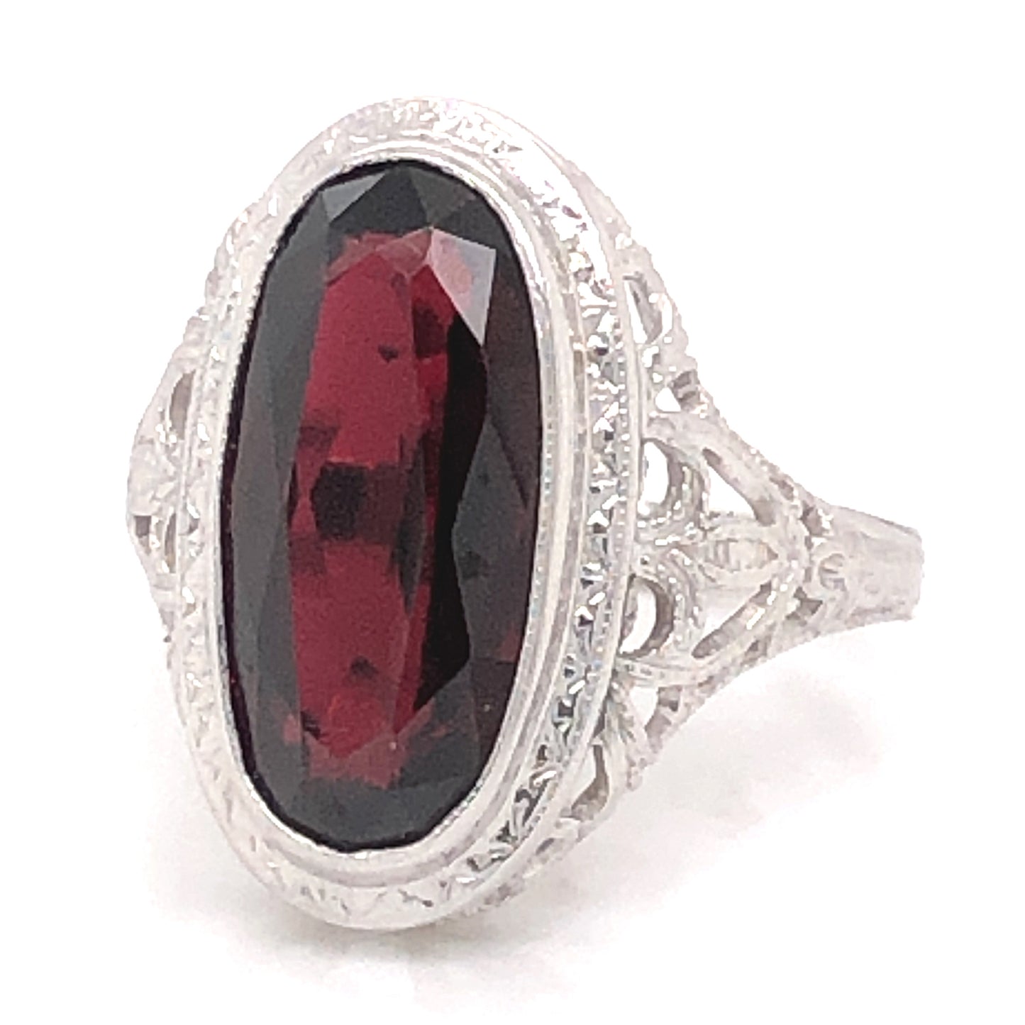 Art Deco Oval Garnet Cocktail Ring in 14k White Gold