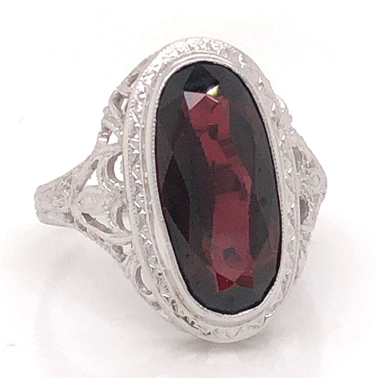 Art Deco Oval Garnet Cocktail Ring in 14k White Gold