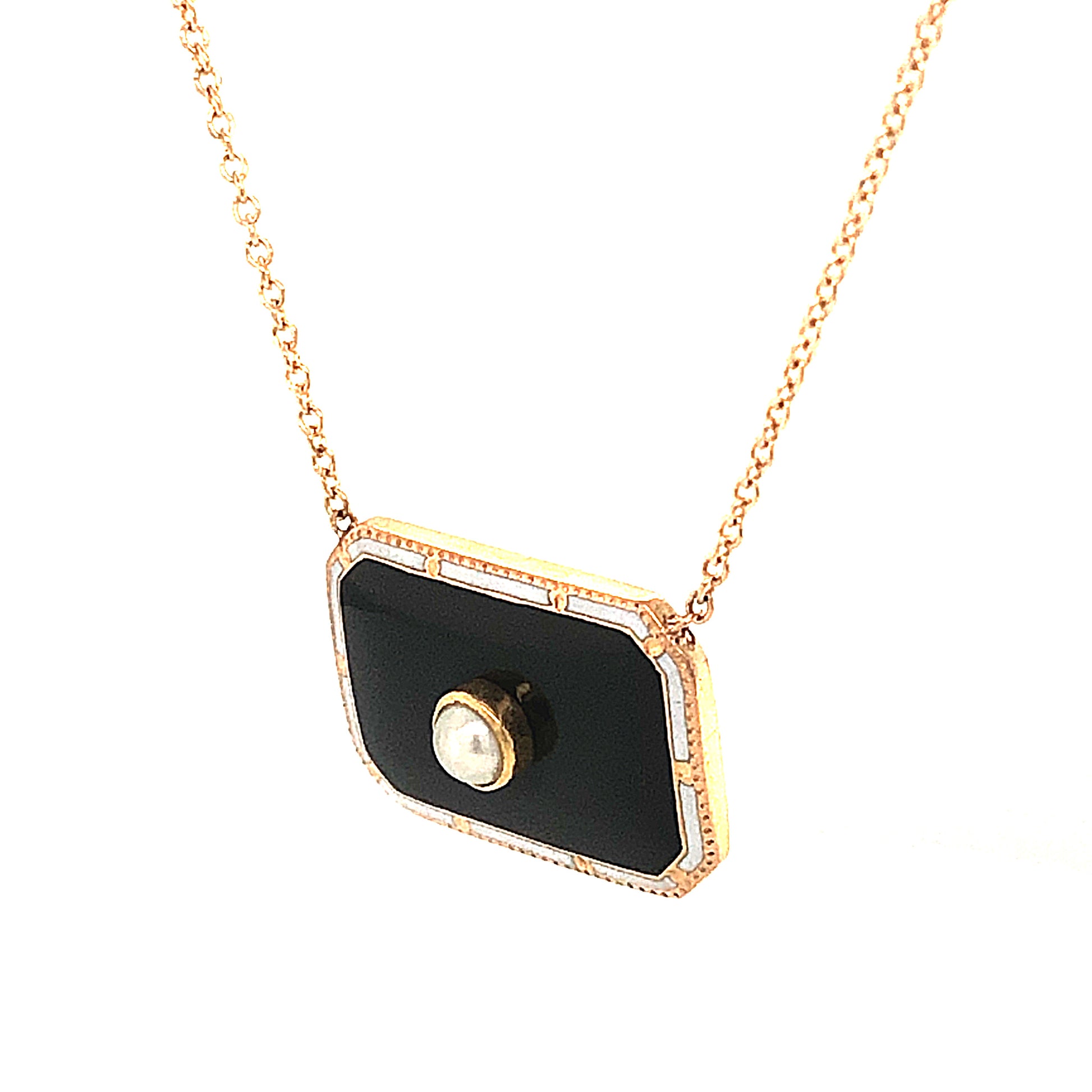 Enamel & Pearl Pendant Necklace in 14k Yellow GoldComposition: Platinum Total Gram Weight: 3.7 g Inscription: In Memory of F.M. , March 13th 1922 , 14k , MS CO
      