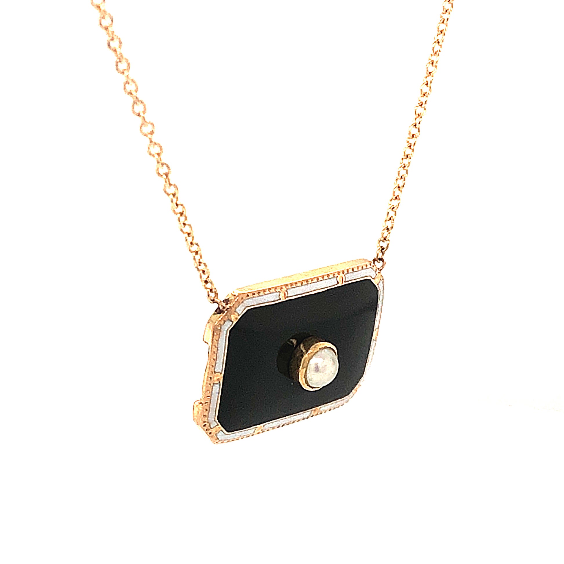 Enamel & Pearl Pendant Necklace in 14k Yellow GoldComposition: Platinum Total Gram Weight: 3.7 g Inscription: In Memory of F.M. , March 13th 1922 , 14k , MS CO
      