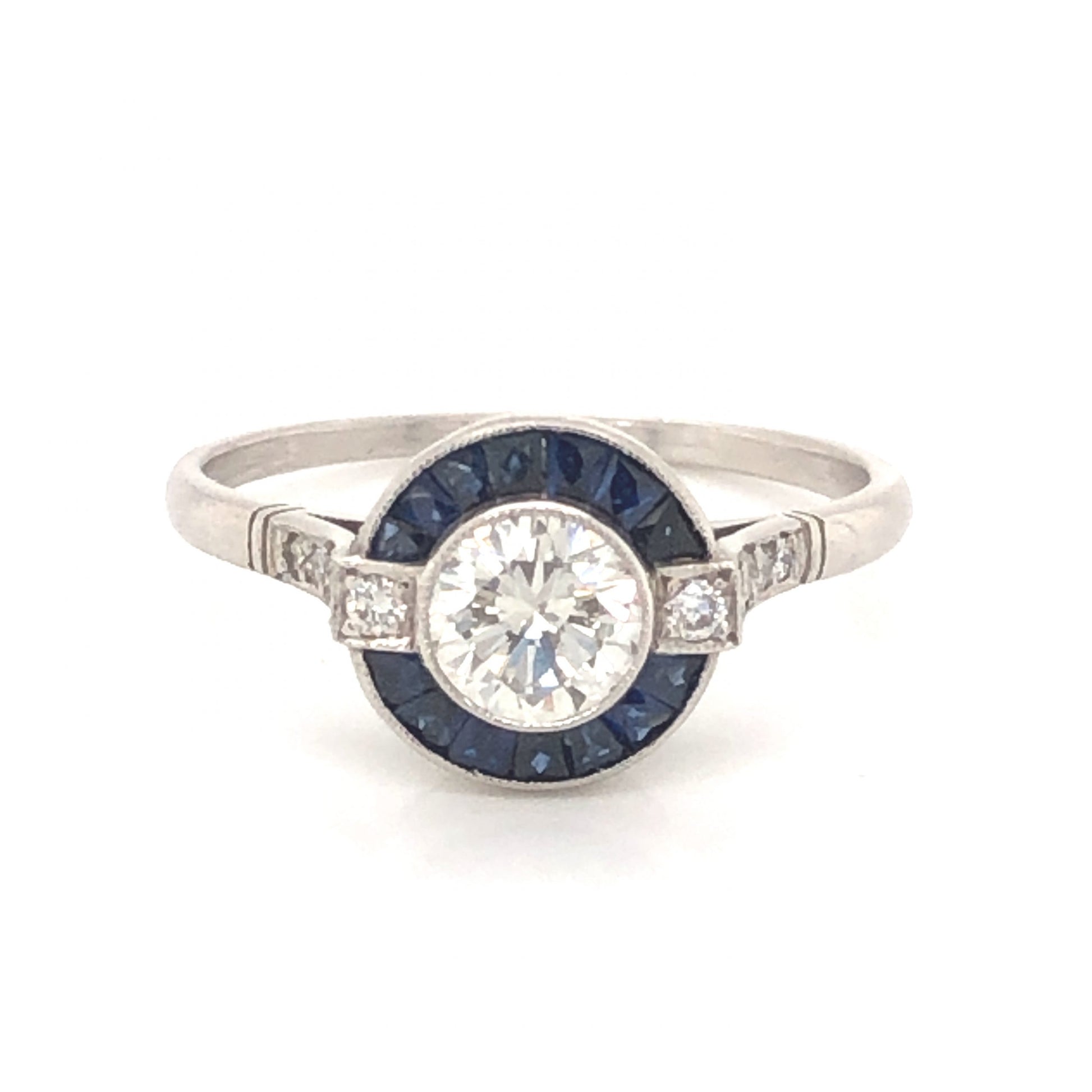 .53 Round Brilliant Cut Diamond & Sapphire Ring in PlatinumComposition: PlatinumRing Size: 6.5Total Diamond Weight: .65 ctTotal Gram Weight: 3.3 gInscription: 0.53