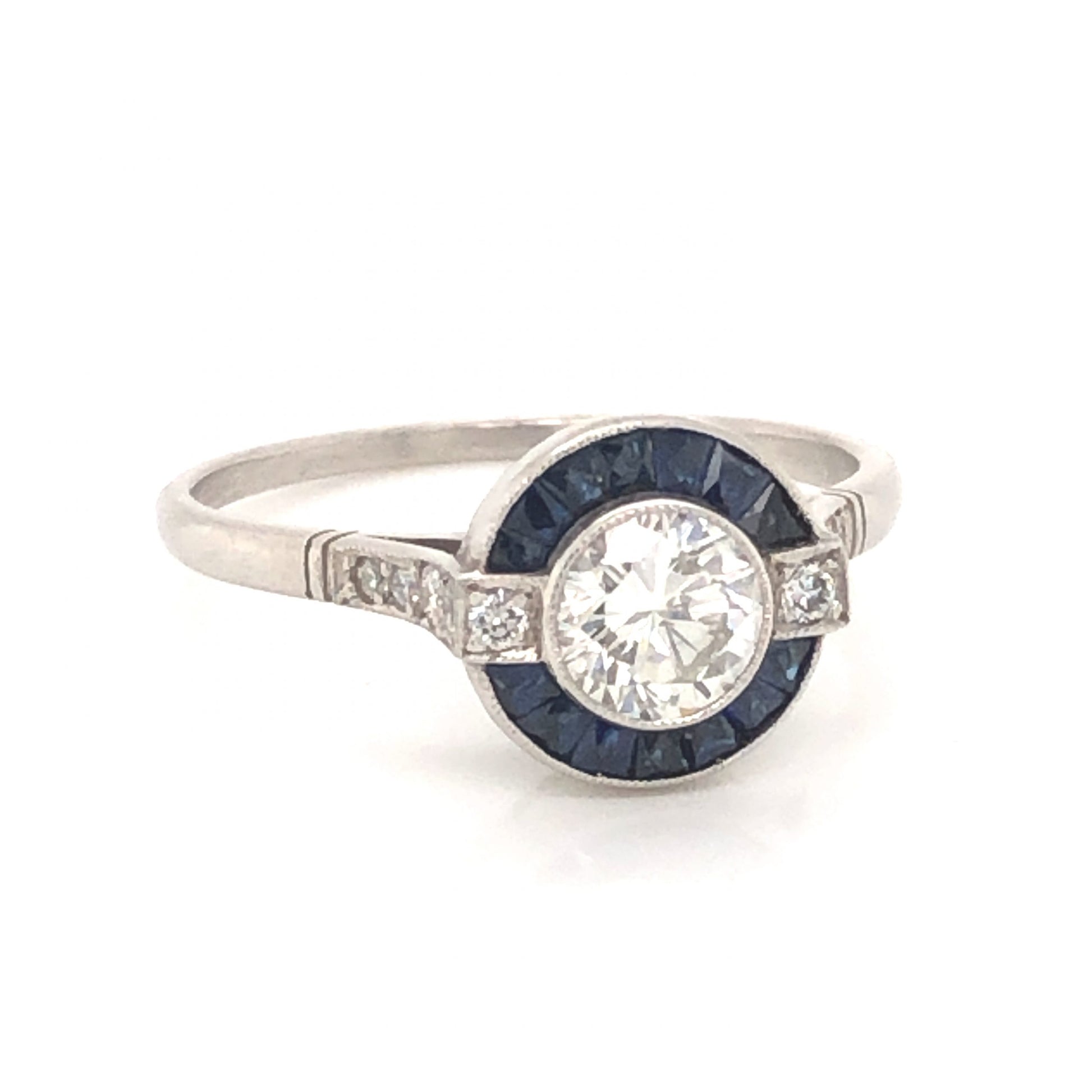 .53 Round Brilliant Cut Diamond & Sapphire Ring in PlatinumComposition: PlatinumRing Size: 6.5Total Diamond Weight: .65 ctTotal Gram Weight: 3.3 gInscription: 0.53